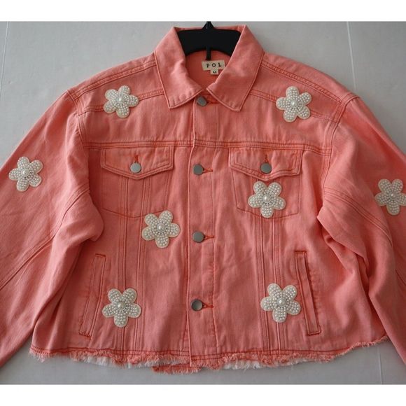 POL SMJ302A Women's Sz Medium Neon Papaya Beaded Pearl Daisy Denim Jacket - Picture 8 of 10